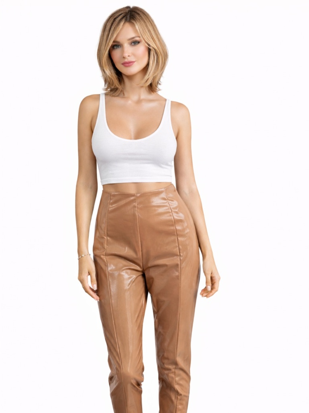 AKIRA Nude Patent Vinyl High Waist Pants Split Hem SIZES S, M, L,XL